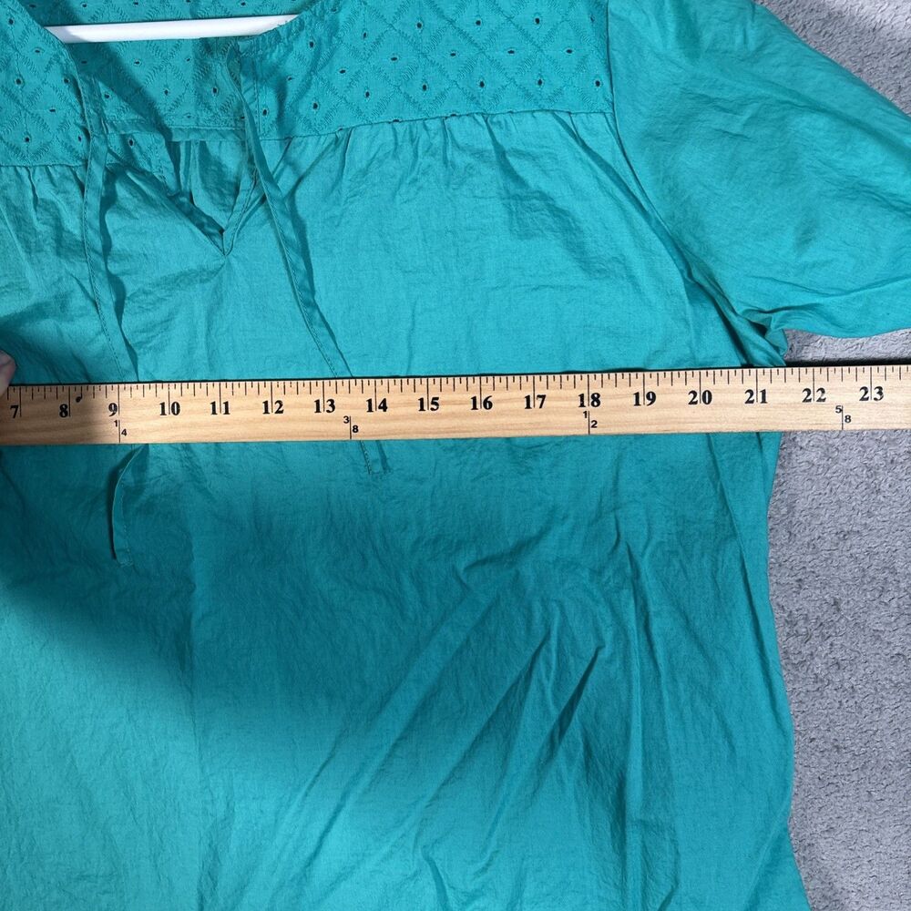 LL Bean Top Women’s Size M Teal Eyelet Chest Tie Neck‎ 3/4 Sleeve Blouse Shirt - Picture 7 of 11